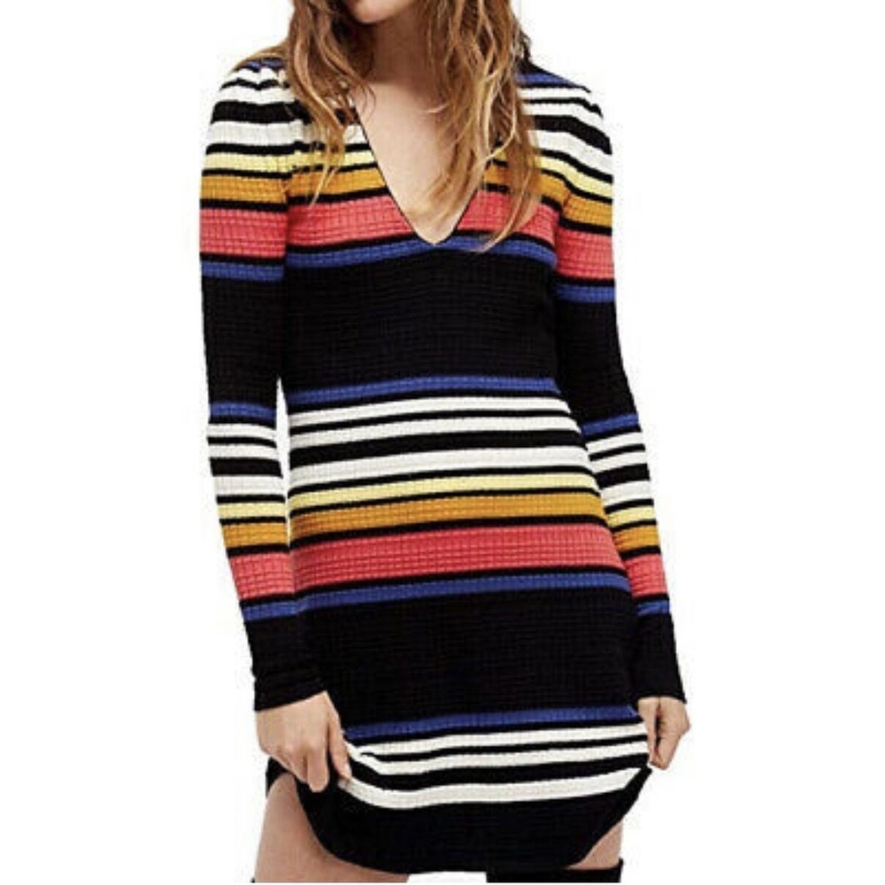 Free People Sweater Dress Striped Medium Black Women Boho‎ Waffle Knit V-Neck